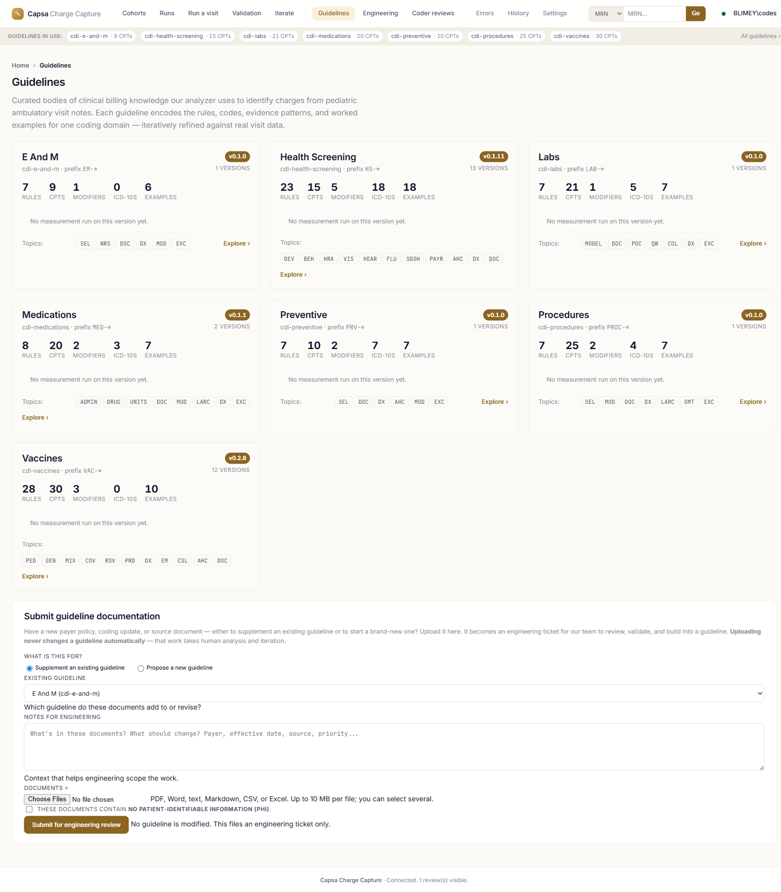 Guidelines explorer: card grid of coding guidelines with rule, code, modifier and example counts and version badges
