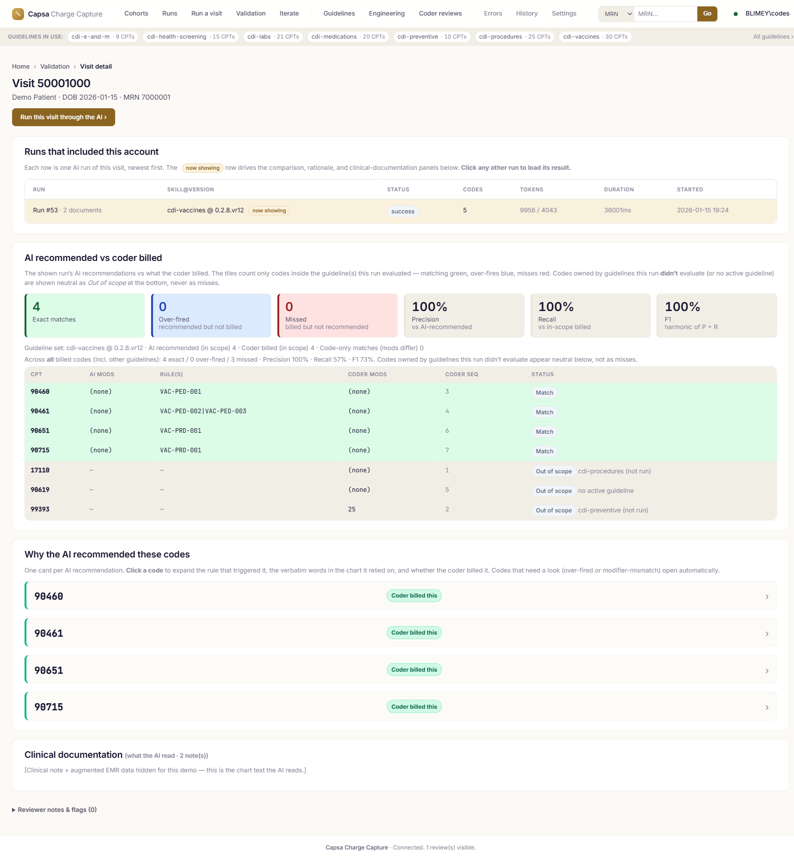 Visit traceability: AI-recommended vs coder-billed codes with match pills and the chart evidence behind each recommendation