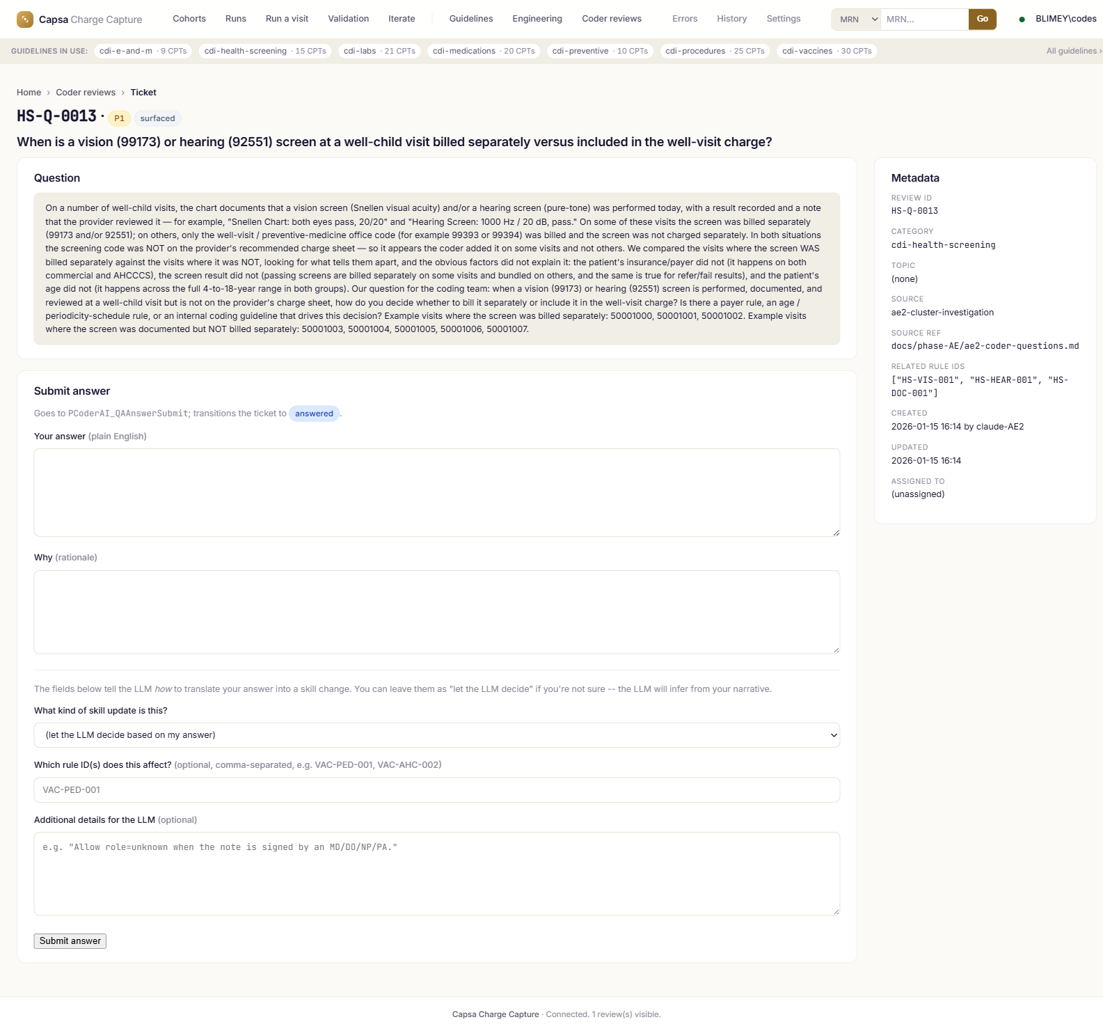 Coder review ticket: a clarifying question, an answer form, and a metadata sidebar